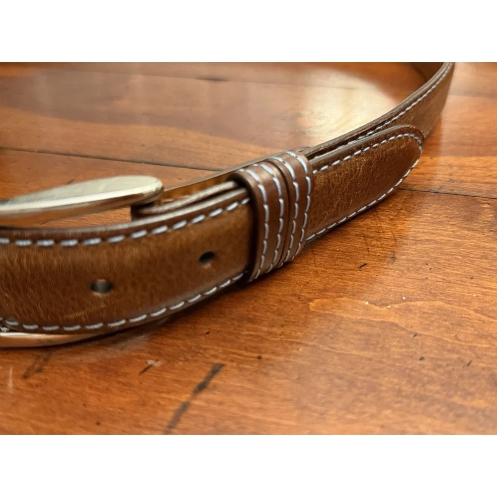 J.Hilburn Men's Brown Leather Dress Belt Size 39 Handcrafted USA Contrast Stitch